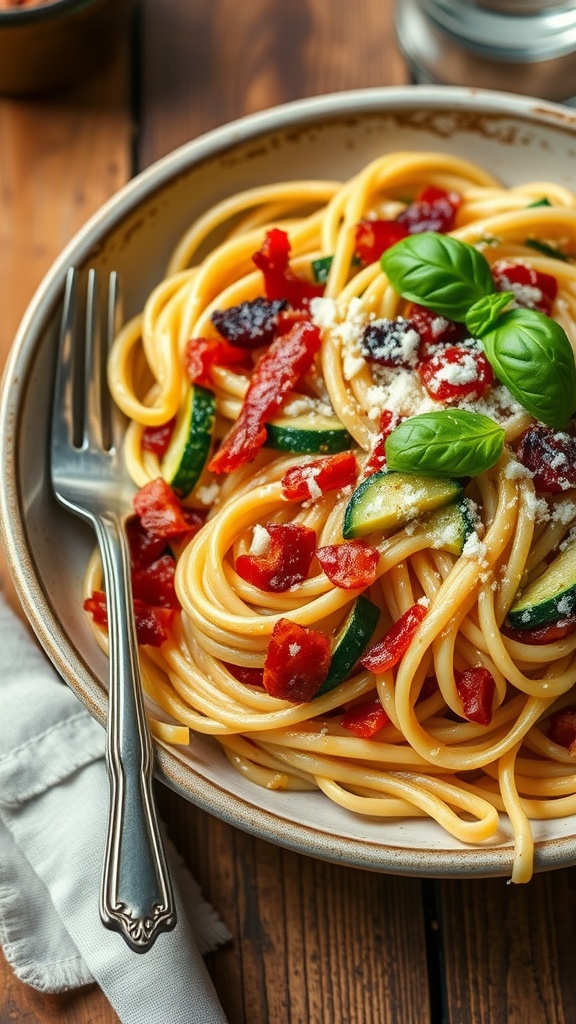 A plate of bacon zucchini pasta with Parmesan and basil on a wooden table.